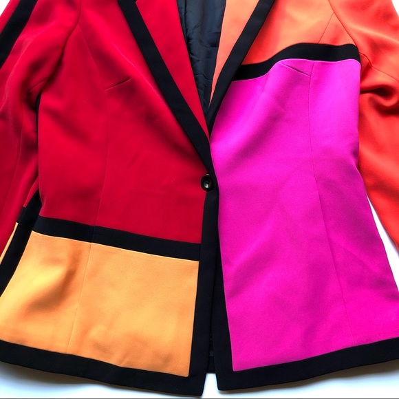 Vintage Sandra Blazer 90s Color Block Long Jacket Pink Orange Red Black - Picture 7 of 14